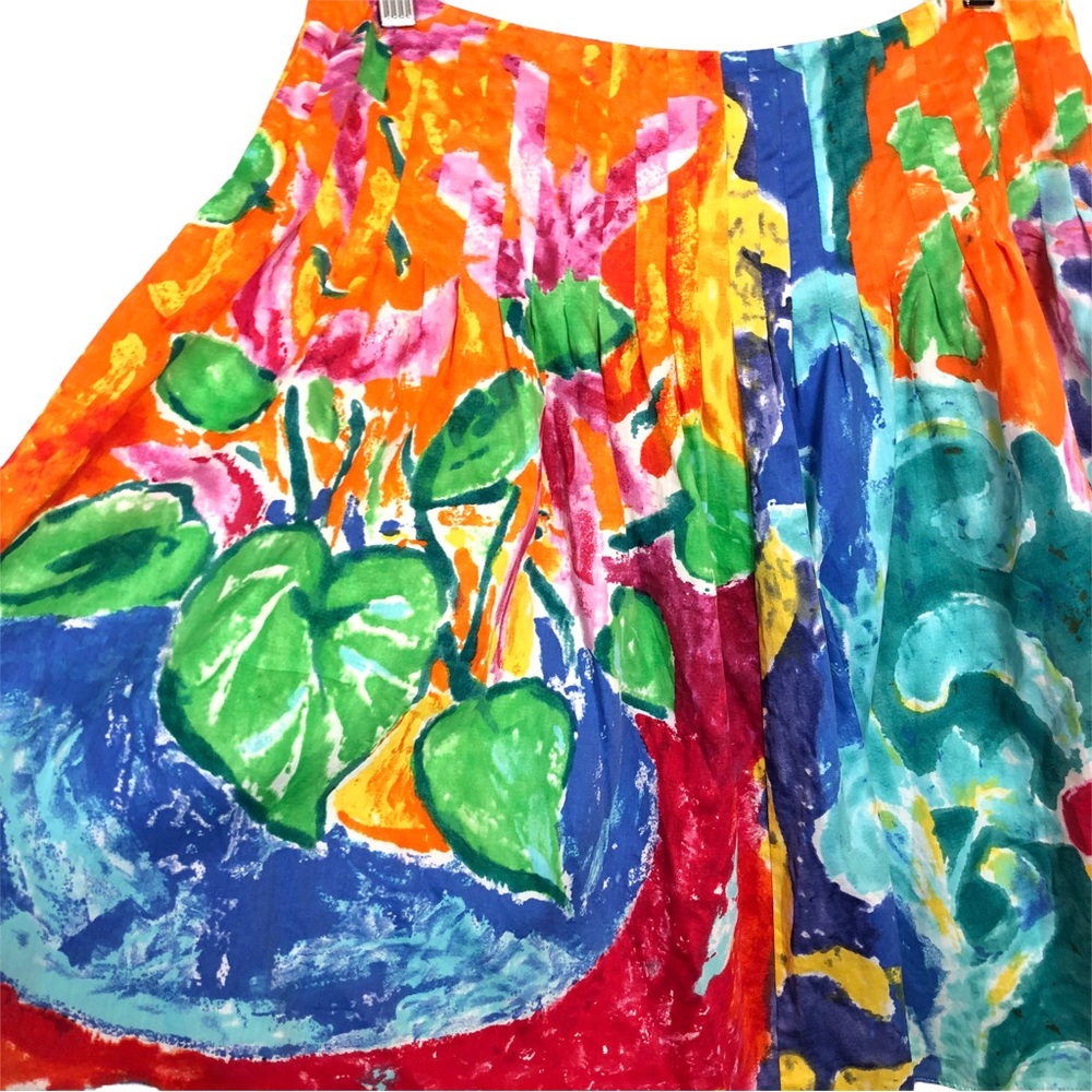 Ralph Lauren Watercolor Floral Pleated High Waisted Cotton Knee Length Skirt - Picture 4 of 7